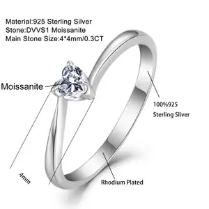 New Design 18K White Gold Plated 4x4mm Heart Shape Custom Moissanite Stone Crystal Rhinestone Heart Simple Ring For Women