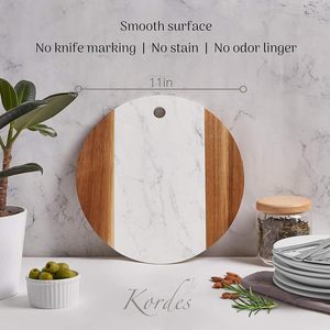 <span class=keywords><strong>Planche</strong></span> à découper ronde en marbre blanc et <span class=keywords><strong>bois</strong></span> d'acacia Bloc à découper irrégulier avec poignée noire - Product Image 3