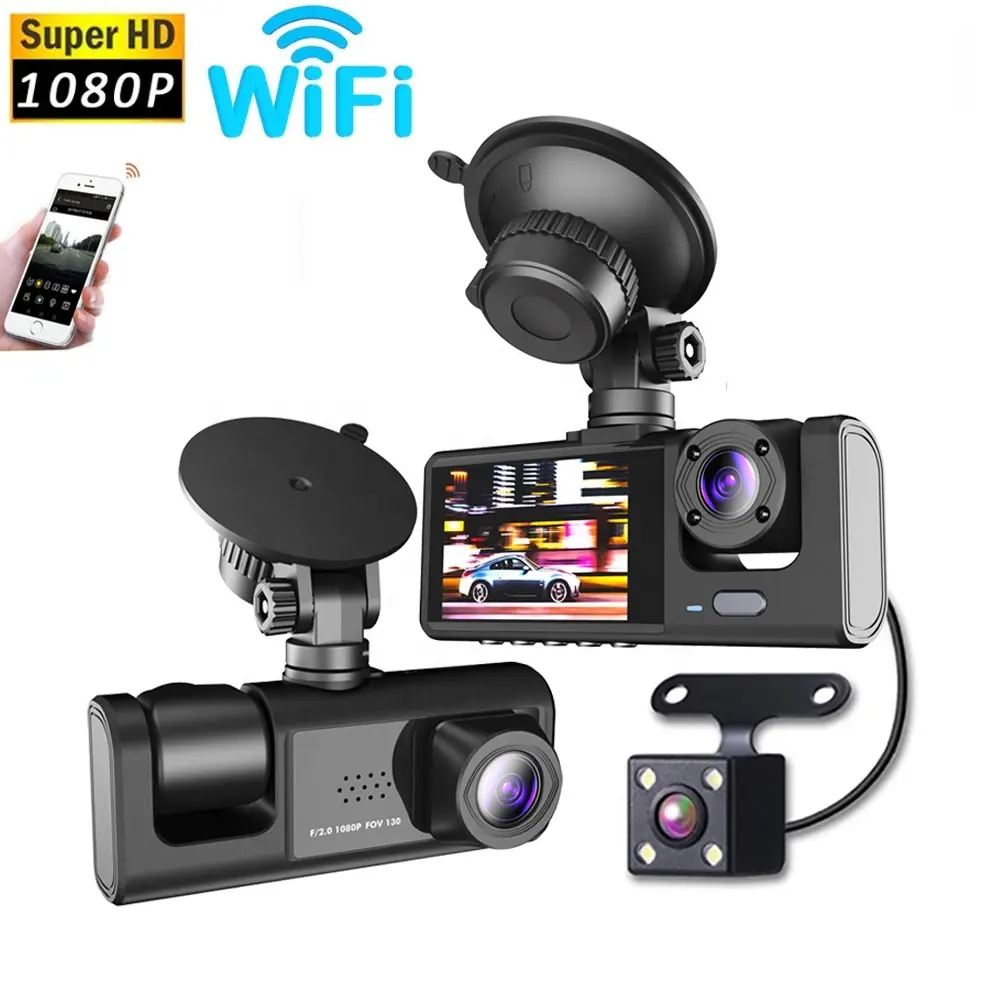 กล้องติดรถยนต์3แชนเนล DVR กล้องติดรถยนต์ระบบ WiFi สำหรับติดรถยนต์กล้องวิดีโอ1080p กล้องมองหลังสำหรับยานพาหนะกล่องดำ