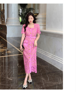 A7866 elegante estate donna <span class=keywords><strong>Midi</strong></span> abito rosa floreale traforato stile stile moda coreano - Product Image 3