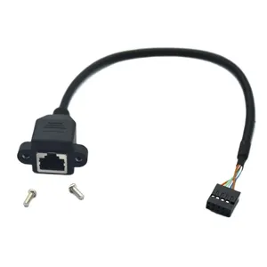 Terminal USB 2.0 de 9 pinos 2.54 para RJ45 cabo de extensão de rede Ethernet Lan fêmea com furos de montagem em painel para PC Laptop 30 cm