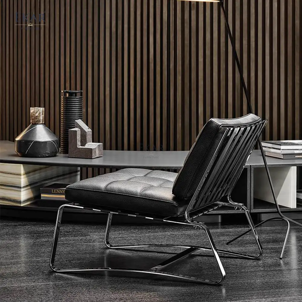Glossy Solid Steel Frame Lounge Chair with Saddle Leather Cushion and Back Support Structure