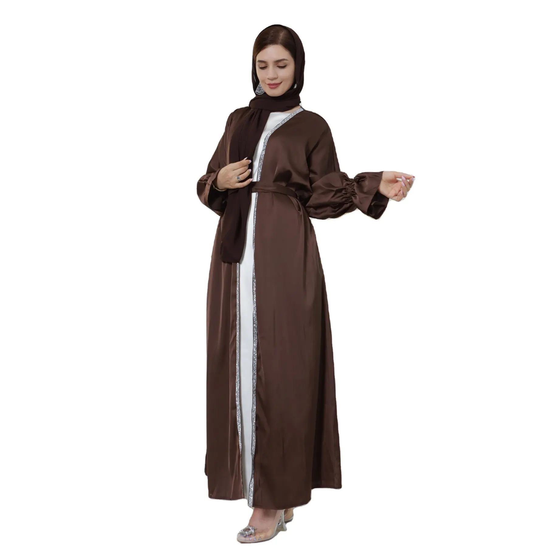 Luxus Dubai Satin Diamant verziert Maxi Abaya Kleid Ramadan Frauen Robe offene Strickjacke Kimono Truthahn Kaftan Islam Kleidung