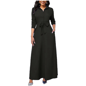 Women's Black Maxi Shirt Dress With Belt <b>Three</b> Quarter Sleeve Casual Solid Color Breathable Woven Long Dress With Pockets - Product Image 1