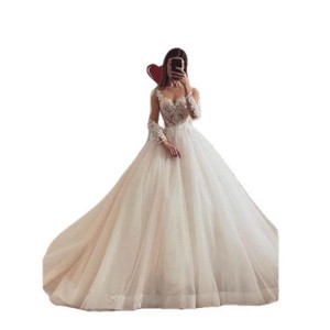 V Neck Long Sleeve Ball Gown Wedding Dress <b>White</b> <b>Lace</b> Vintage Style Elegant Bridal Gown - Product Image 4