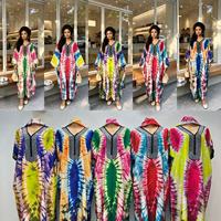 Gaun Maxi Muslim Afrika Model Kaftan Dubai dengan Cetak Tie Dye Simetris Ukuran Besar Warna Hitam dan Placket Mengalir