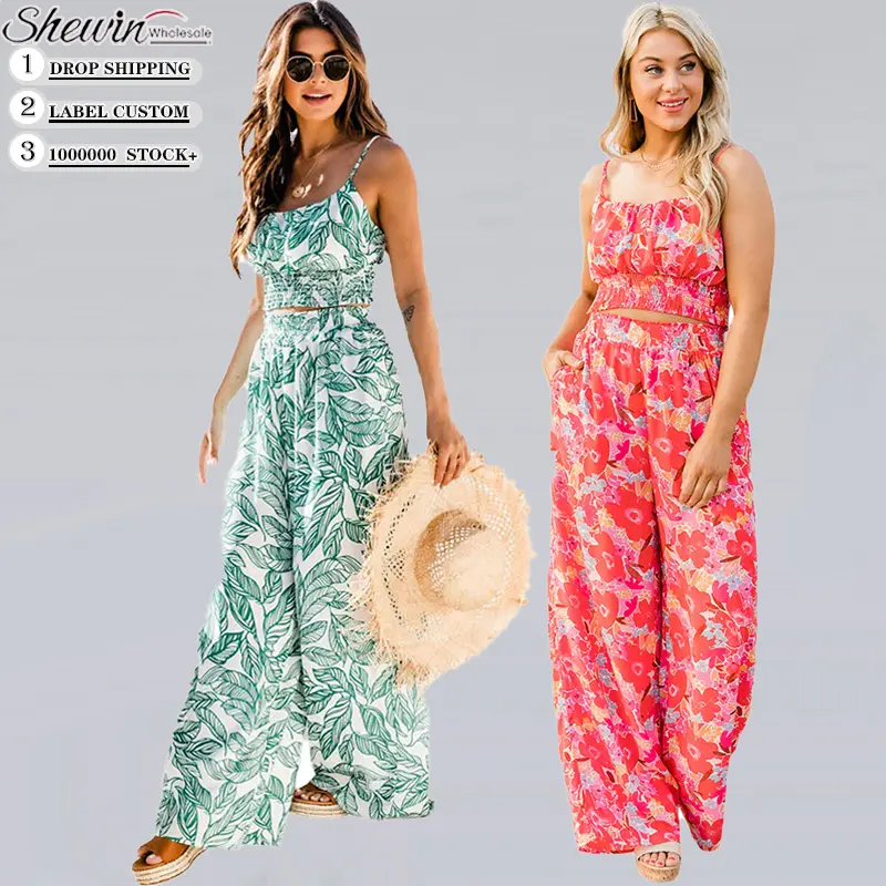 Wholesale Fashion Tropical Print Wide Leg Two Piece Pants Set Sexy 2 Piece Summer Vacation Outfits For Women