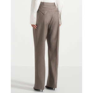 Pantalon droit plissé taille haute pour femme, en mélange de laine et polyester rayé, longueur complète, formel, pour l'automne, infroissable - Product Image 4