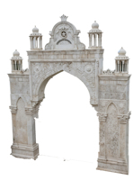 Portail d'entrée escamotable de luxe en marbre blanc importé, style ferme islamique, avec arche de pavillon bombée et sculpture en pierre à relief profond, pour école