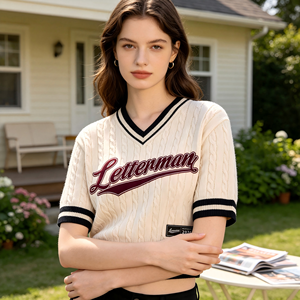 ODM Women Cropped Knit Sweater V Neck Letterman Knit Jersey Custom Logo Print Cotton Fabric Fashion Crop Knit Top Wholesale - Product Image 4