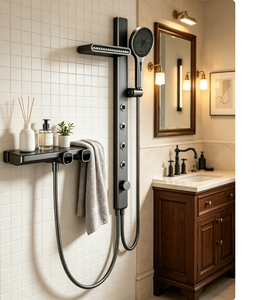 Ensemble <span class=keywords><strong>de</strong></span> <span class=keywords><strong>douche</strong></span> <span class=keywords><strong>thermostatique</strong></span> gris anthracite poli pour marché européen avec robinet en céramique, jets latéraux massants et <span class=keywords><strong>colonne</strong></span> <span class=keywords><strong>de</strong></span> <span class=keywords><strong>douche</strong></span> verticale - Product Image 1