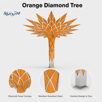 Grande sculpture paramétrique géométrique de palmier en acier inoxydable, panneau diamanté or-orange, feuille radiale, pour l'extérieur, monument personnalisé