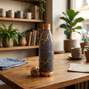 Premium Printed Pure Copper Water Bottle 800ml Navy Blue Gold Leaf Pattern Ayurvedic Flask Leakproof Gym Sports Metal Drinkware - Product Image 2
