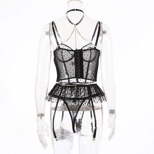 Nero trasparente romantica giarrettiera Lingerie Set di 3 pezzi esotico maglia trasparente da donna decorazione pizzo mezza sottovesti - Product Image 5