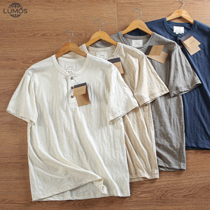 T-shirt décontracté uni à manches courtes pour <span class=keywords><strong>homme</strong></span>, en coton flammé et lin, fin, respirant et extensible, vente en gros, T-shirt d'été pour <span class=keywords><strong>homme</strong></span> - Product Image 1