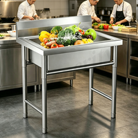 Wastafel Dapur Stainless Steel Premium Single Bowl dengan Meja Kerja Terintegrasi untuk Toko Daging Pasar Makanan Laut