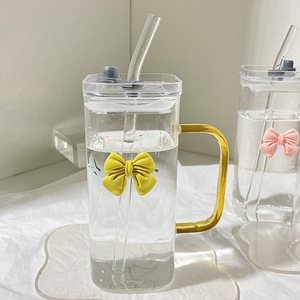 Odm OEM Vuông Dễ Thương cốc nước thủy tinh với xử lý rõ ràng Glass Tumbler đầy màu sắc xử lý và rơm Bow Glass Tumbler cho nước trái cây - Product Image 6