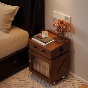 Mesita de noche móvil moderna personalizada con cajón y armario de almacenamiento, mesita de noche de madera maciza con ruedas para dormitorio y sala de estar - Product Image 3