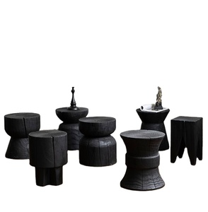 Mesa Auxiliar de Madera Maciza de Estilo Moderno Wabi-Sabi, Taburete de Tronco Carbonizado con Patas de Tela, Taburete Bajo Otoñal para Decoración de Sala de Estar - Product Image 1