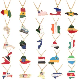 남성과 여성을위한 세계 합금 물방울 에나멜 금속 아프리카지도 펜던트 국가 깃발 목걸이