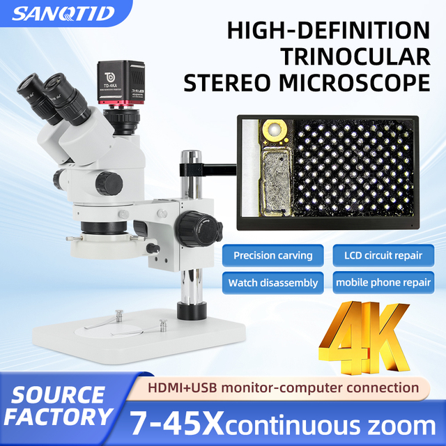 SANQTID TD-0745N-4KA Trinocular Stereo Microscope HDMI USB WIFI  Mobile Phone Repair Tools 7-45X Industrial Electronic Magnifier