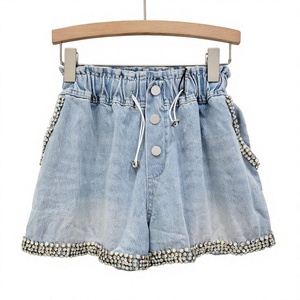 Shorts en jean bleu clair à perles, coupe large, taille haute, avec cordon de serrage, pour femme, décontractés, été - Product Image 4