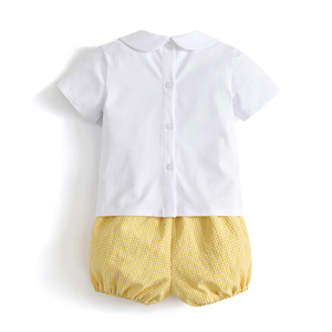Ensemble de vêtements d'été pour enfants, <span class=keywords><strong>tenue</strong></span> estival pour garçon, <span class=keywords><strong>tenue</strong></span> à manches courtes blanches avec broderie, et pantalon à carreaux, pour premier <span class=keywords><strong>anniversaire</strong></span> - Product Image 4
