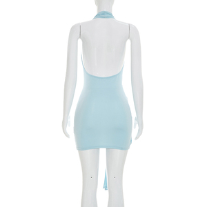 Robe moulante mini Viviblook D26DS146 pour femme, couleur unie, sexy, sans manches, dos nu, col halter, bretelles torsadées, pour l'été - Product Image 6