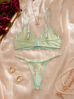 Ensemble de Lingerie Féminine 2 Pièces Vert XL Broderie Légère en Maille Transparente avec String et Soutien-Gorge Push-Up à Anneau en Acier – Lingerie Florale Sexy et Élégante