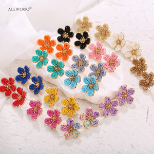 Handwoven Flower <b>Studs</b> | Raffia Braided Petal 18K PVD Gold Stainless Steel Base <b>Earrings</b> | Waterproof Hypoallergenic & Durable - Product Image 2