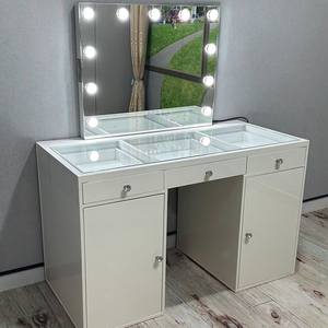 Coiffeuse moderne en MDF avec tiroirs et armoires Miroir lumineux tricolore équipé Bluetooth pour chambre à coucher - Product Image 6