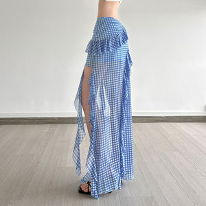 กระโปรงยาวทรงเอ midi ลายสก็อต ผ้าตาข่าย เอวสูง ชายระบายแบบไม่สมมาตร ผ่าข้าง ทรงเข้ารูป พลิ้วไหว สไตล์เรโทร - Product Image 5