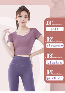 Haut court à col carré et manches courtes, sans couture, respirant, en Spandex et Polyester, pour le yoga, taille haute, couleur unie - Product Image 2