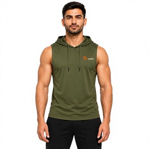 Camiseta sin mangas con capucha para hombre, color verde oliva, de secado rápido, poliéster, informal, deportiva, con logo estampado en la parte delantera. - Product Image 1