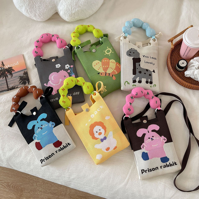 Cute Cartoon Knitted Phone Bag Small Capacity Crossbody Bag Detachable Shoulder Strap Soft Handle Fashion Portable Phone Pouch