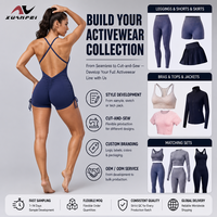 Combinaison de yoga bleu marine personnalisée avec logo, col en V, bretelles fines, découpes latérales, cordon de serrage, froncée, pour femme, tenue de sport OEM