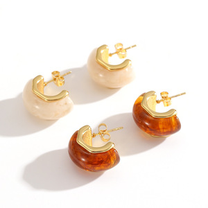 Fashion Resin <b>Titanium</b> Steel Stud Earrings For Women Amber Color Geometric Design Unique High-End Look - Product Image 4