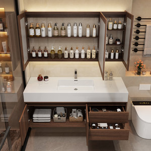 Light luxury new Chinese style bathroom cabinet walnut ceramic integrated basin intelligent cabinet - Product Image 4