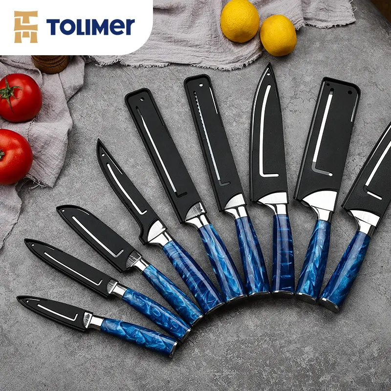 Low MOQ Professional 9 pcs Kitchen knife set stainless steel kitchen chef knife set with resin Blue handle