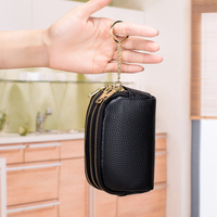 Dompet koin tiga ritsleting wanita kulit sapi Full Grain asli untuk wanita dompet tempat kartu kecil warna-warni dengan gantungan kunci