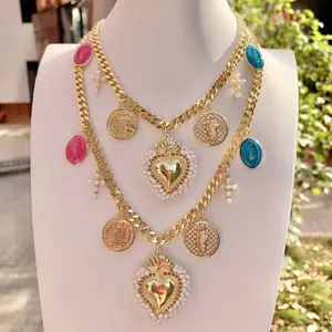 Collar de corazón Miyuki fantástico, cadena cubana, collares de oro para regalos, collares de San Benito esmaltados