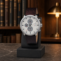 Montre pour homme multifonctionnelle à quartz, boîtier en acier inoxydable, bracelet en cuir véritable, vente en gros de montres-bracelets pour hommes