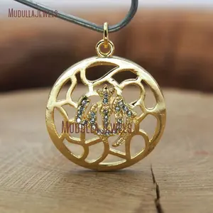 PM9838 Gold Plated Copper Muslim Allah Pendant With Clear Cubic Zircon Pave Charm Round Islam Jewelry Pendant Supplies