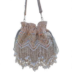 Handmade Beaded Pillow Evening Bag With Drawstring Closure And Tassels <b>For</b> Party <b>Wedding</b> - Product Image 1