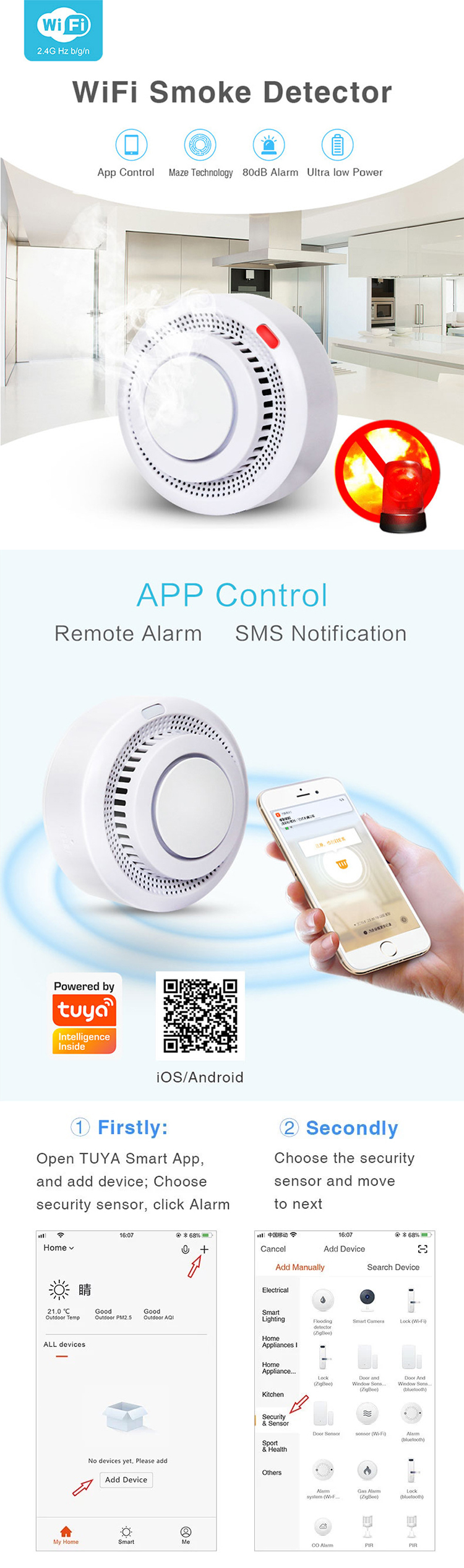 Smart Tuya WiFi smoke sensor fire alarm for smoke alarm system CE EN14604 Stanadard