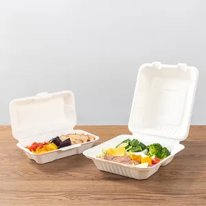 LOKYO 퇴비화 가능한 백지 펄프 햄버거 상자 9x6 생분해 성 사탕수수 조개 껍질 식품 용기
