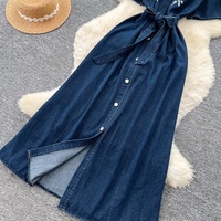 Robe chemise en jean brodée décontractée pour femme WIWT, robe mi-longue à manches courtes avec ceinture pour un usage quotidien, robe pour femme