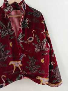 Top Selling Maroon Jungle Print <b>Velvet</b> <b>Jacket</b> Bohemian <b>Velvet</b> Quilted Coat for Parties or Travel Use Available for Factory Price - Product Image 6