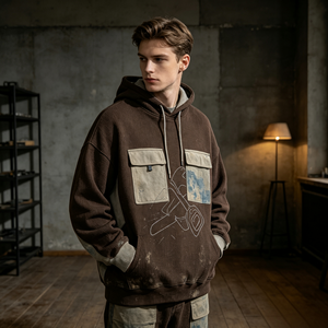 Heavyweight Acid Wash Patchwork <strong>Hoodie</strong> <strong>Chainsaw</strong> Print Rhinestone 100% Cotton French Terry Spring Multi Pocket Breathable - Product Image 3