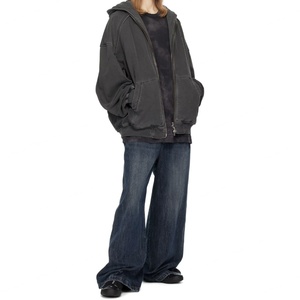 Sweat à capuche personnalisé pour homme, épais, coupe oversize, en molleton bouclette, épaules tombantes, coupe courte et carrée, ample, entièrement zippé, double couche, teint - Product Image 4
